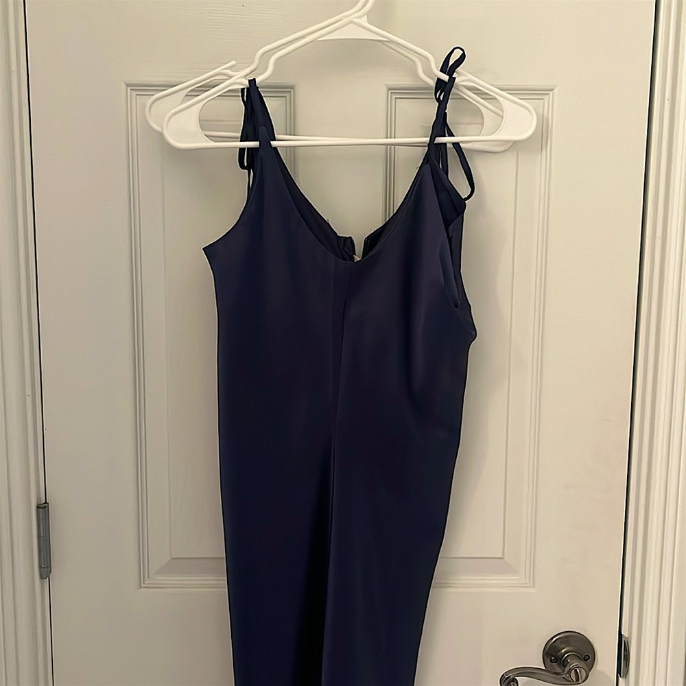 Navy blue silk slip dress midi (ish) right below knees 5’4” for reference
